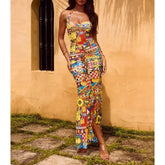 Women's halter pattern print long dress with a sheath silhouette.